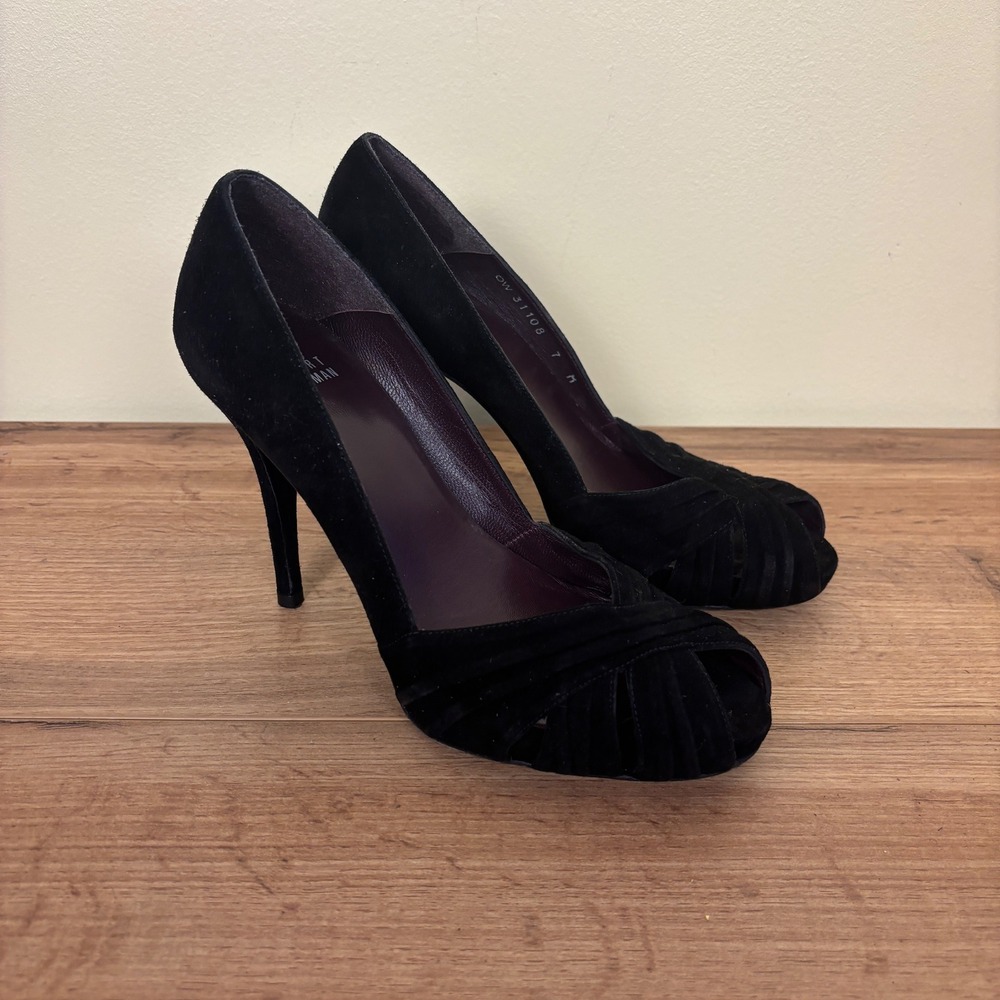 STUART WEITZMAN Suede D'Orsay Peep Toe Pumps Black Women Size 7 Formal Stiletto